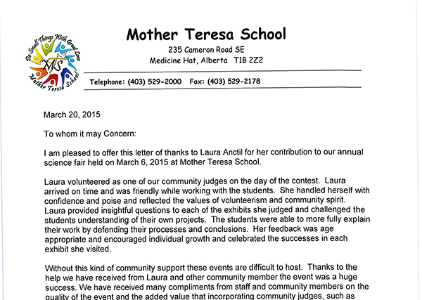Mother Teresa Science Fair Thank You Letter