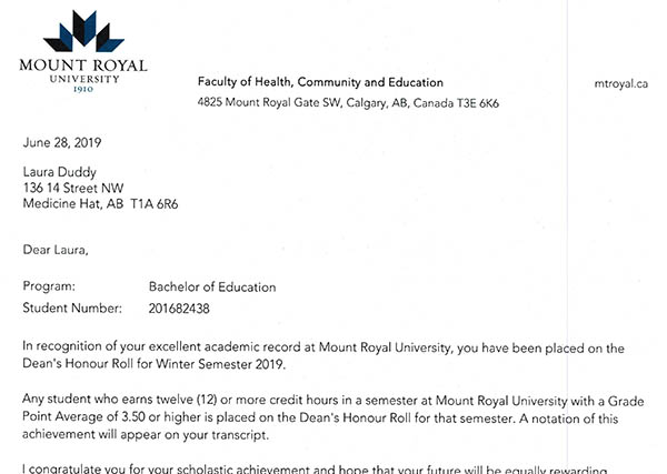 MRU Honour Roll Winter 2019